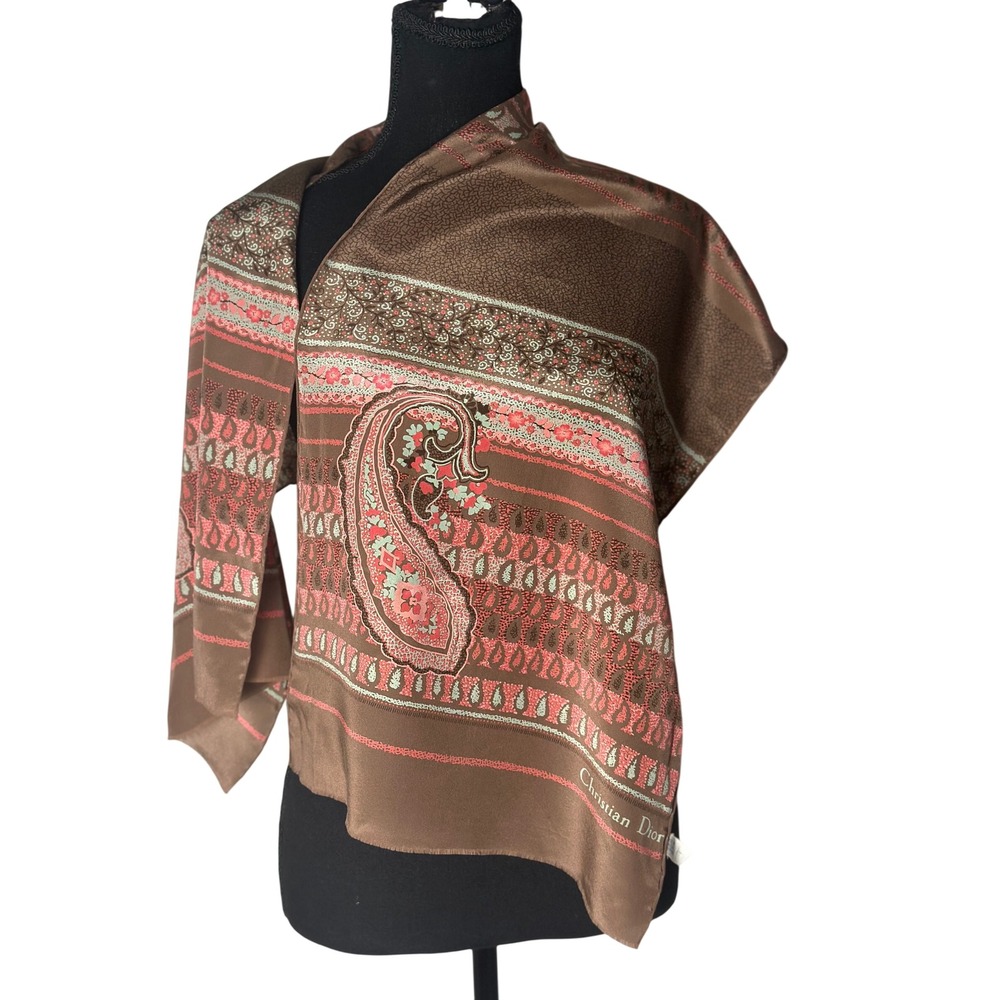 Vtg 70s Christian Dior Silk Muffler Scarf Long Stole Brown Paisley 14x51 France